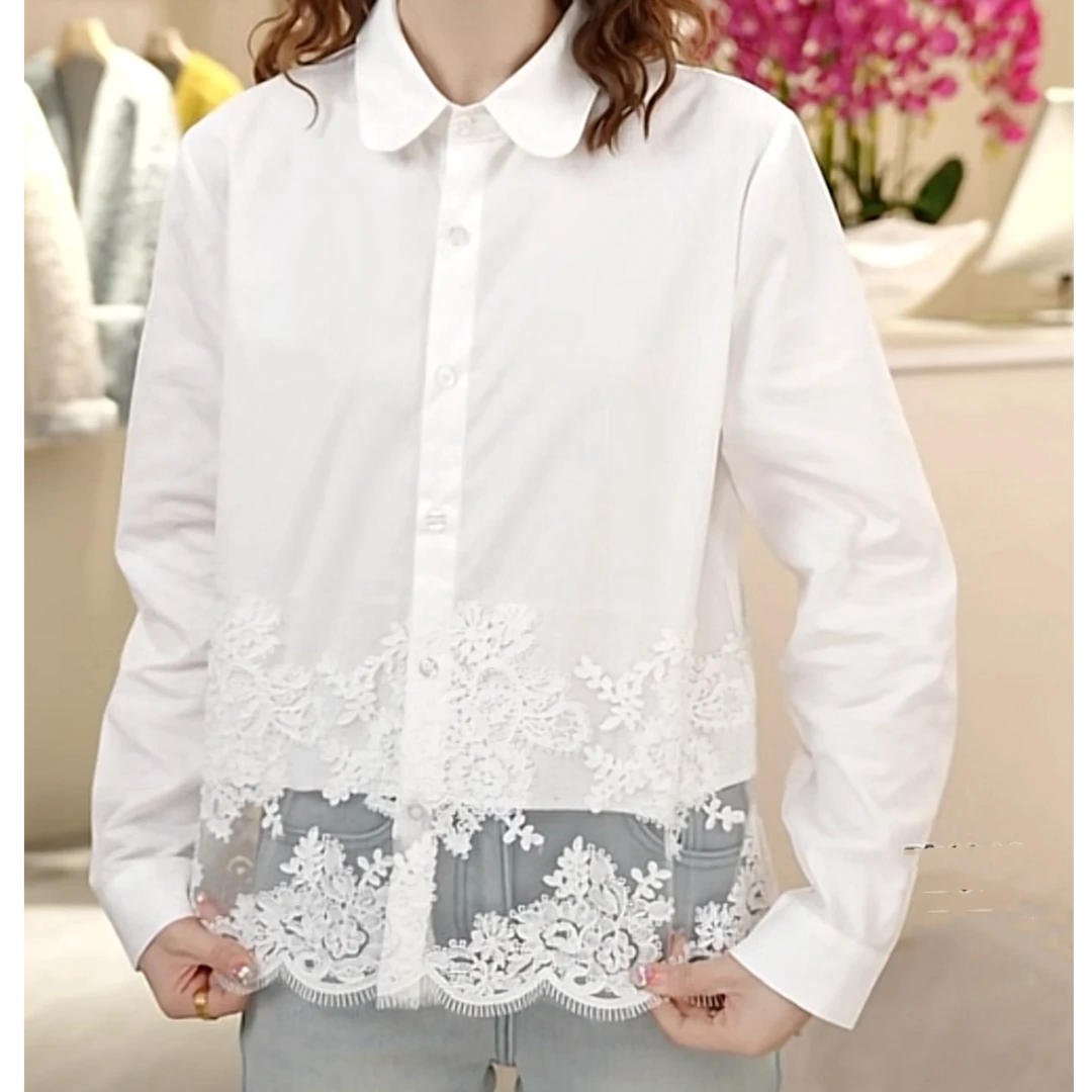设计感小桃心领下摆镂空拼接蕾丝勾花工艺衬衫女2025春款白衬衣