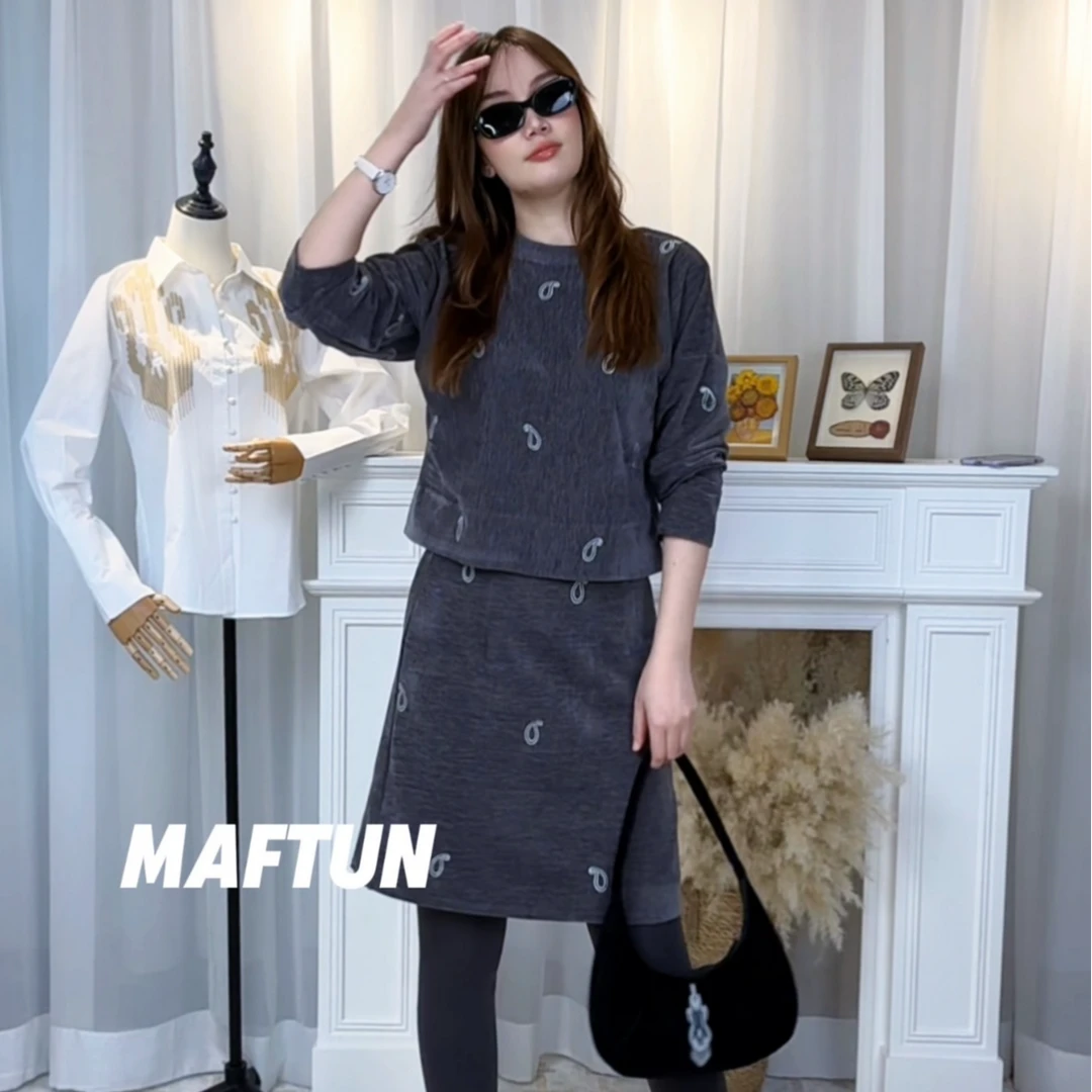 Maftun民族风巴达木刺绣休闲宽松深灰色两件套套装短裙气质