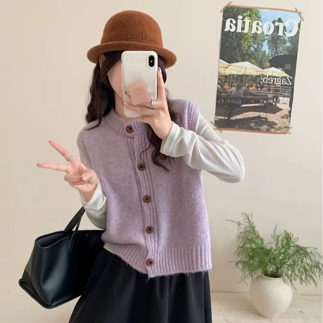 秋冬韩系纯色针织马甲春秋时尚外穿百搭宽松马夹