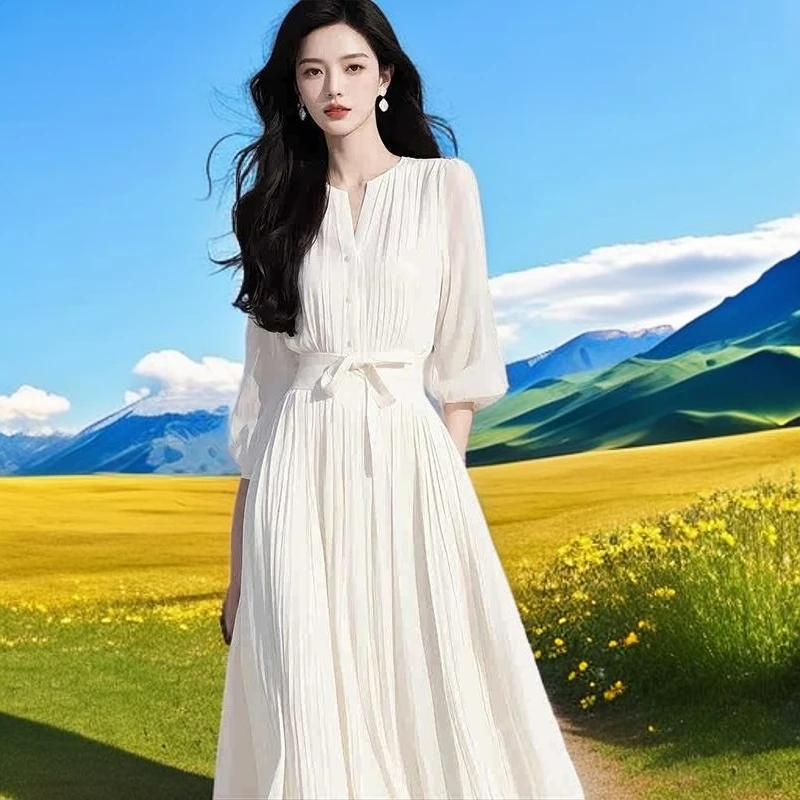 春夏雪纺法式温柔风白色高级感大方得体连衣裙裙子名媛气质显瘦范