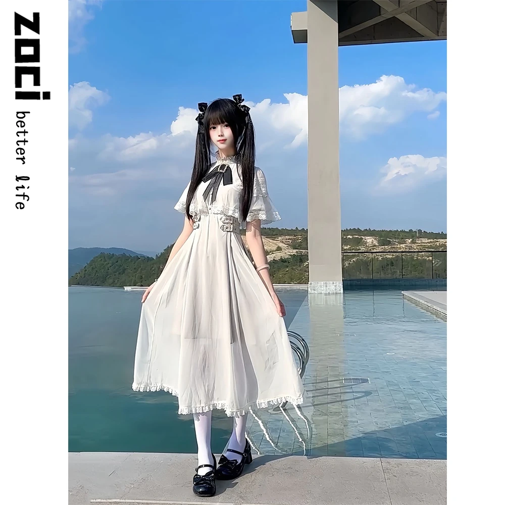 日系rojita甜美可爱蕾丝网纱拼接斗篷连衣裙蝴蝶结lolita长裙夏季