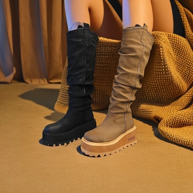 133-1秋冬时尚百搭厚底褶皱堆堆高筒靴增高显瘦骑士靴长筒圆头
