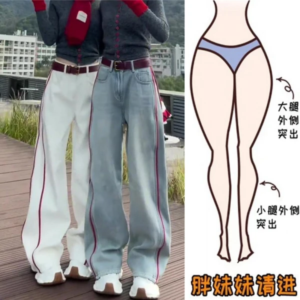 大码女装高腰加绒加厚阔腿牛仔裤2024冬季新款梨形显瘦宽松拖地裤