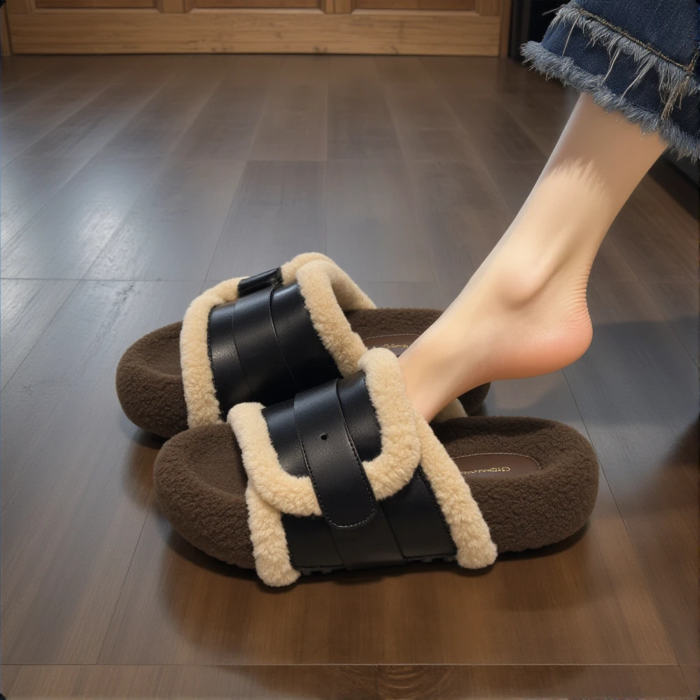 羊羔绒毛毛拖鞋女外穿2025新款秋季真皮复古软底轻便配裙子棉拖鞋