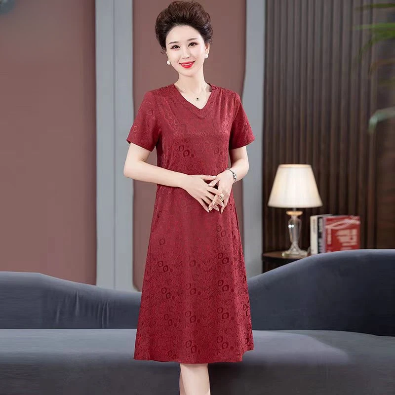 9653-夏季新款短袖碎花A字版气质妈妈装连衣裙女