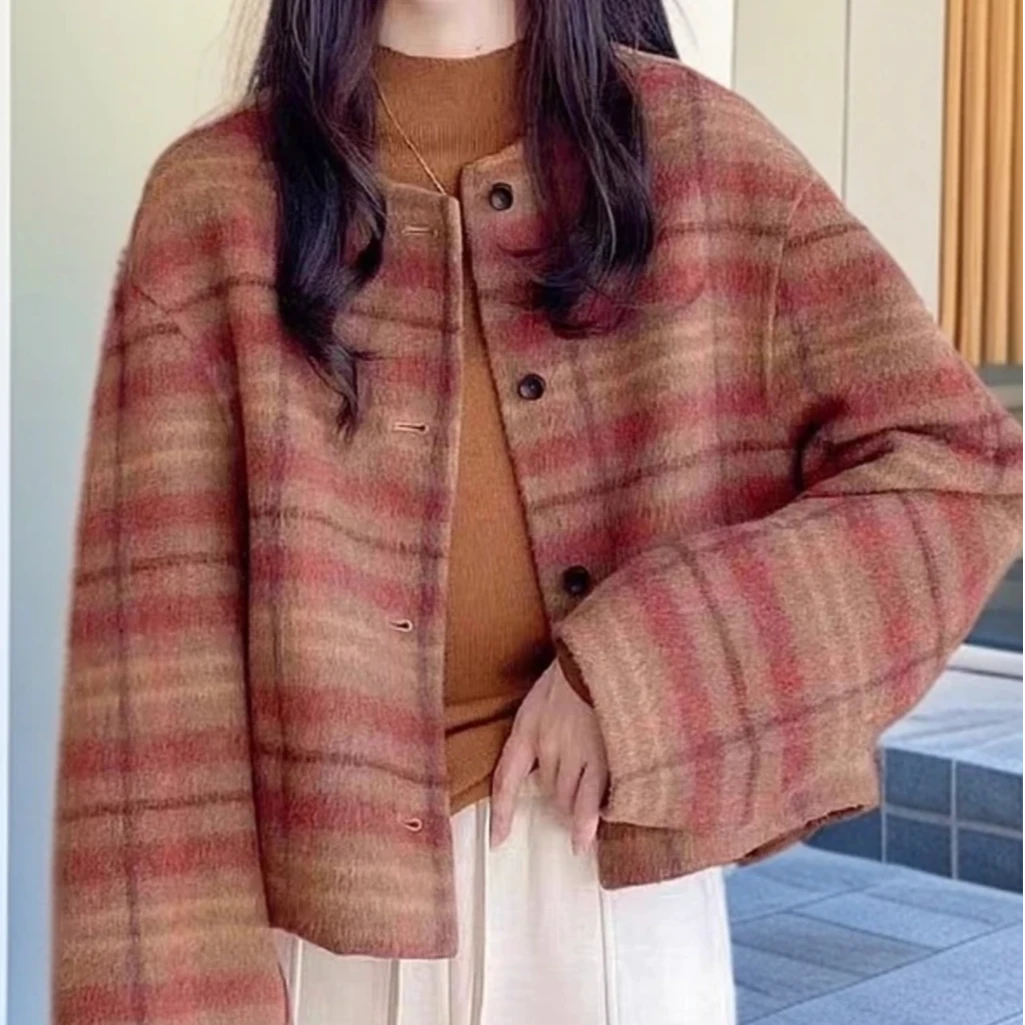 格子款毛呢外套气质秋冬小香风圆领外套双面韩版女装常规呢子休闲