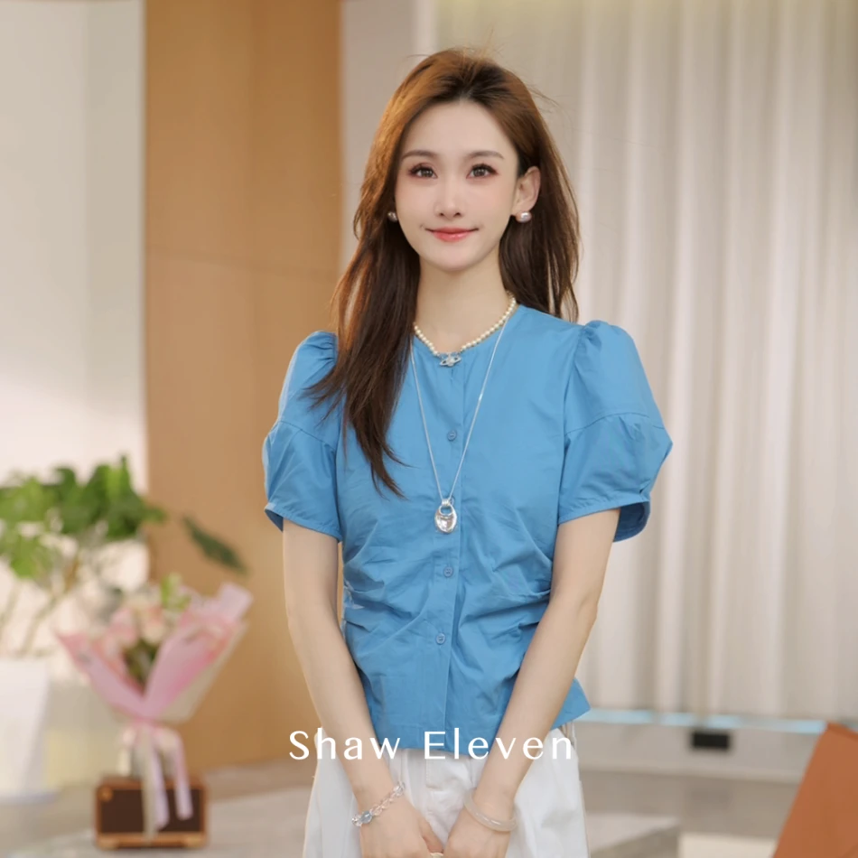 【ShawEleven】2025夏新法式克莱茵蓝圆领收腰全棉短袖衬衫M2590