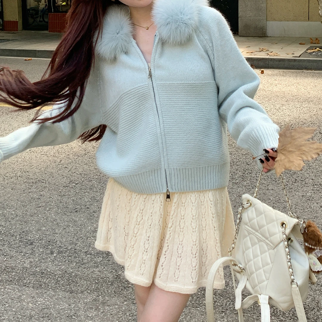 秋冬韩版长袖拉链开衫毛领连帽毛针织衫短款百搭时尚女
