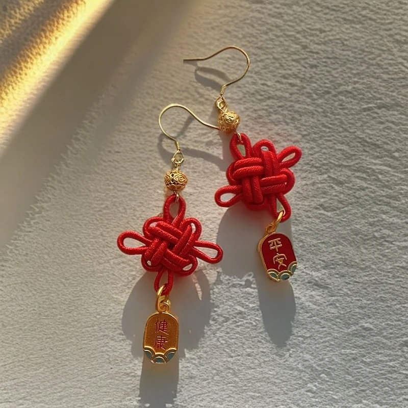 合金布艺耳饰 【中国结】升级版耳环绳艺百搭配饰编织红色古风国风