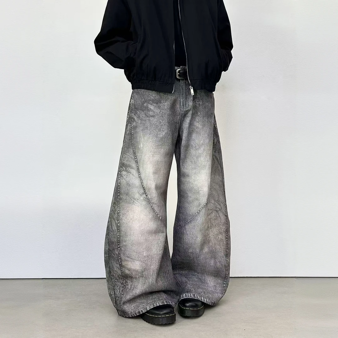 美式3D打印脏染解构弯刀牛仔裤男女款复古宽松阔腿微喇长裤子潮牌