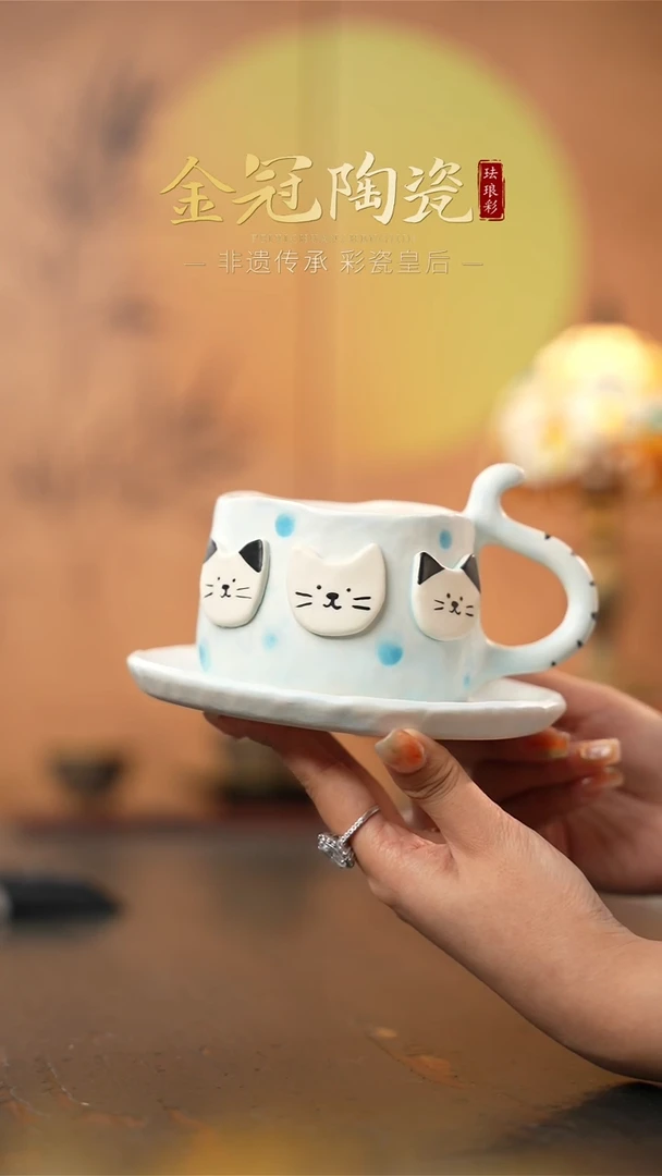 陶瓷蓝色三只小猫一杯一碟