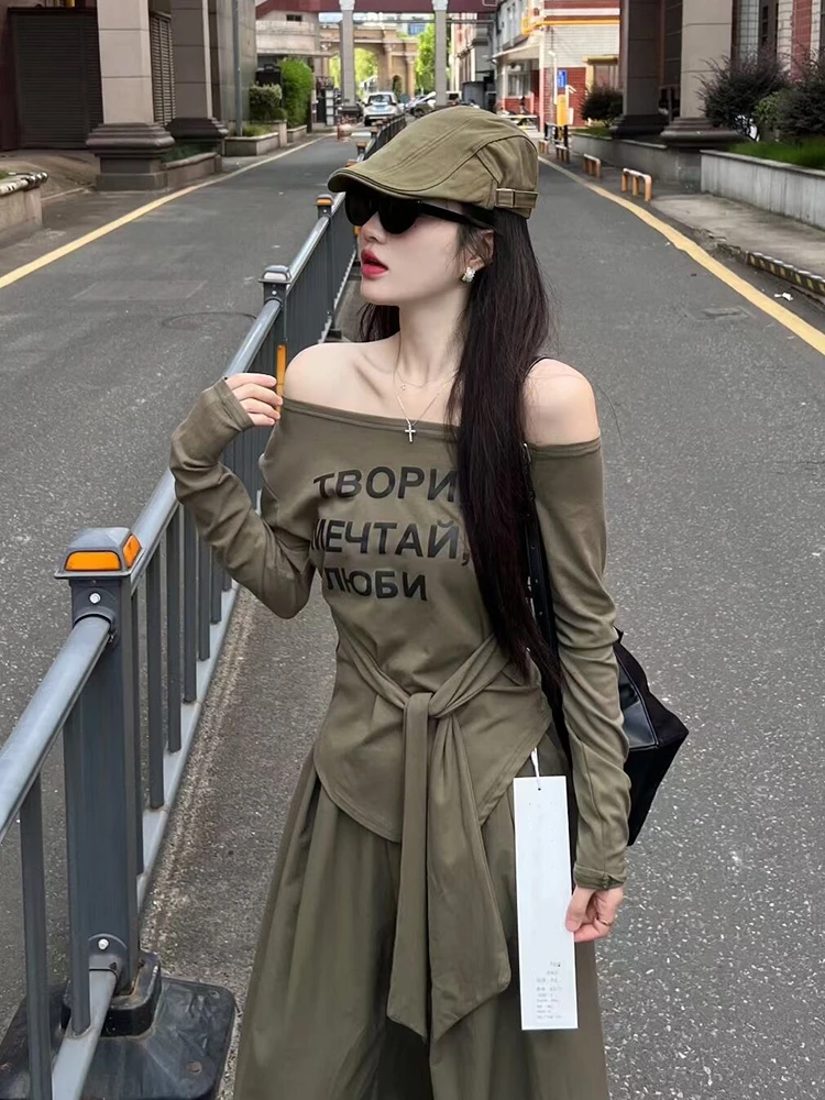 酷辣chic设计感酷飒拽姐罩衫气质高级绿色一字肩字母t恤裤子套装