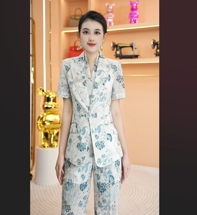 9876夏季新款短袖高定刺绣印花镂空设计西装修身瘦套装女装直筒裤
