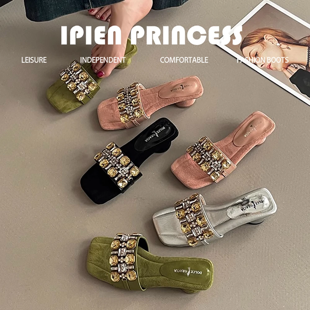 水钻外穿百搭粗跟法式方头女士凉拖鞋2025夏季新款气质一字带凉鞋