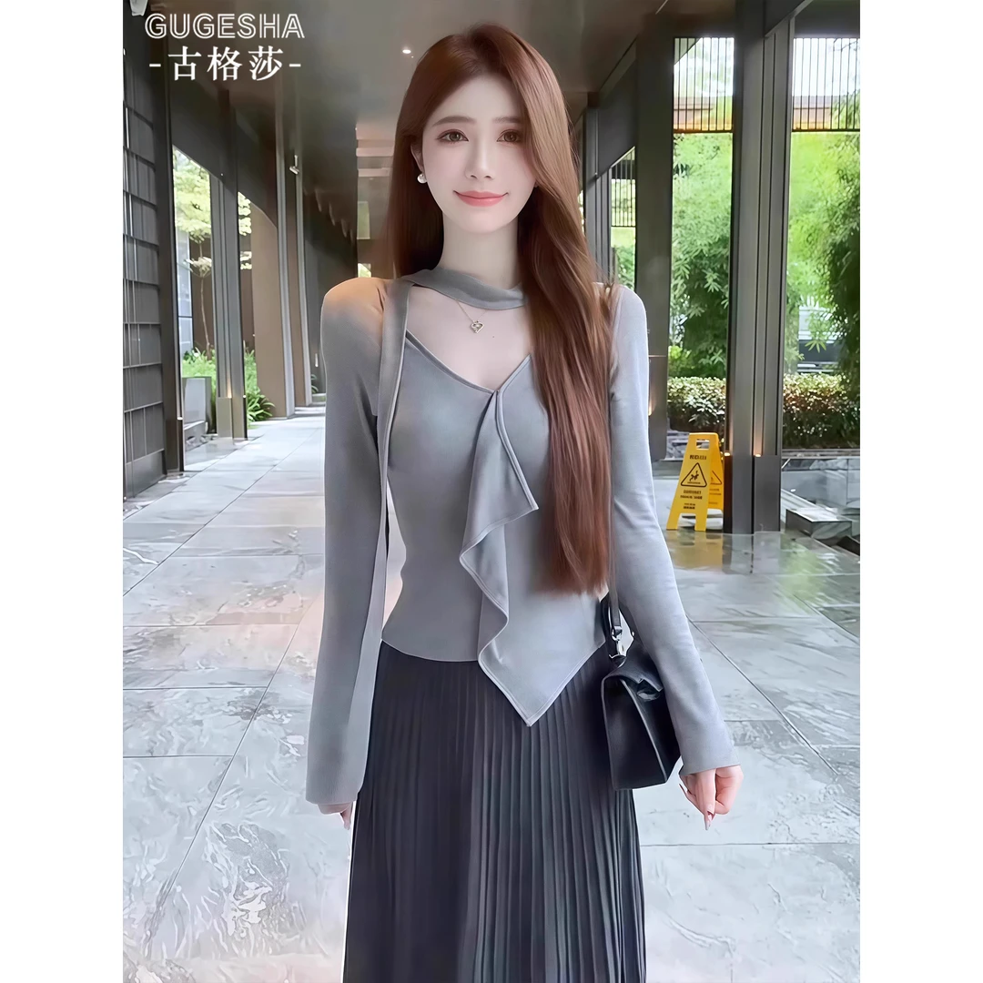 韩系气质灰色挂脖飘带长袖T恤女早秋2025新款收腰显瘦荷叶边上衣
