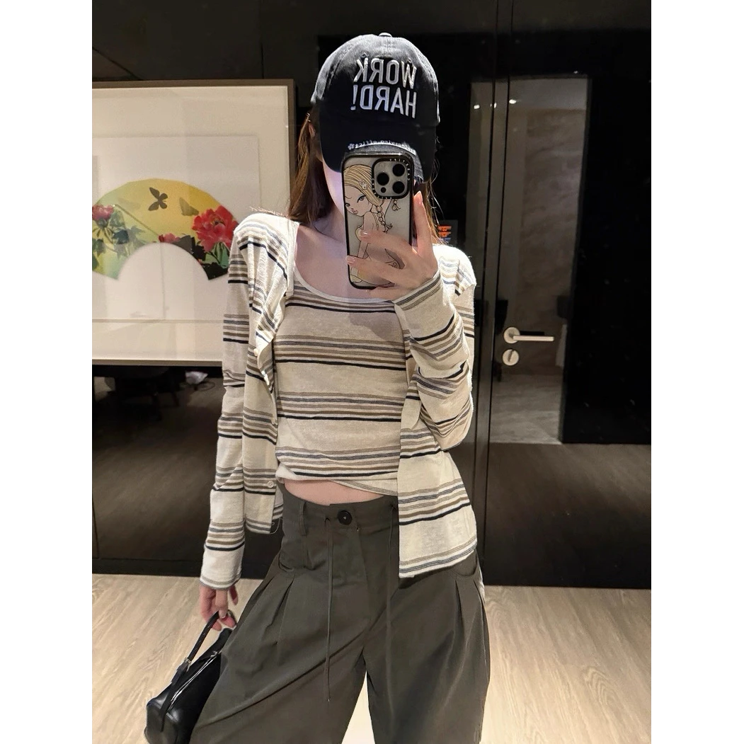 条纹针织内搭吊带背心夏季气质防晒薄款长袖开衫上衣套装