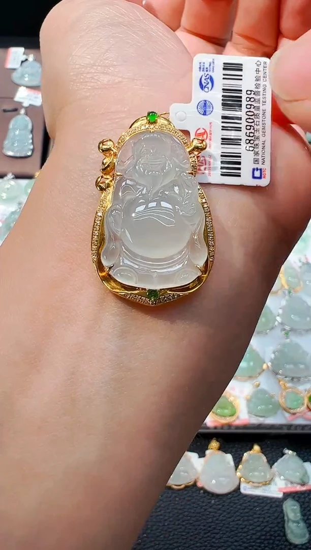 吊坠(不含链)18K金镶嵌翡翠财神爷吊坠989