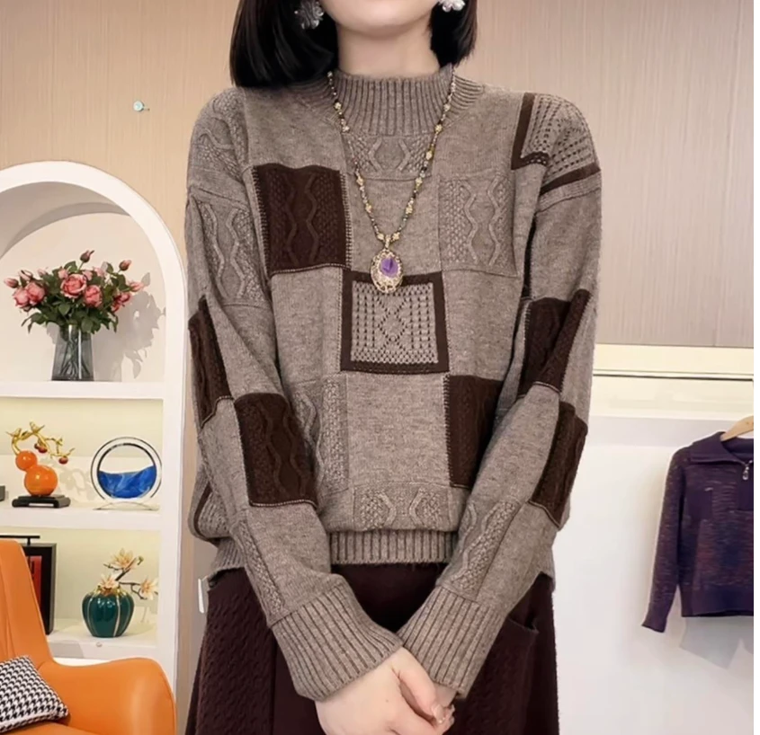 拼色圆领毛衣女秋冬新款宽松显瘦针织衫打底衫洋气拼接上衣