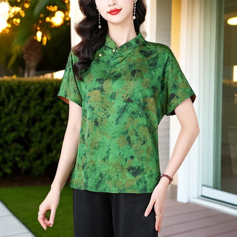 2025夏季新中式国风上衣复古盘扣品质夏装韩版花色短袖减龄小衫女