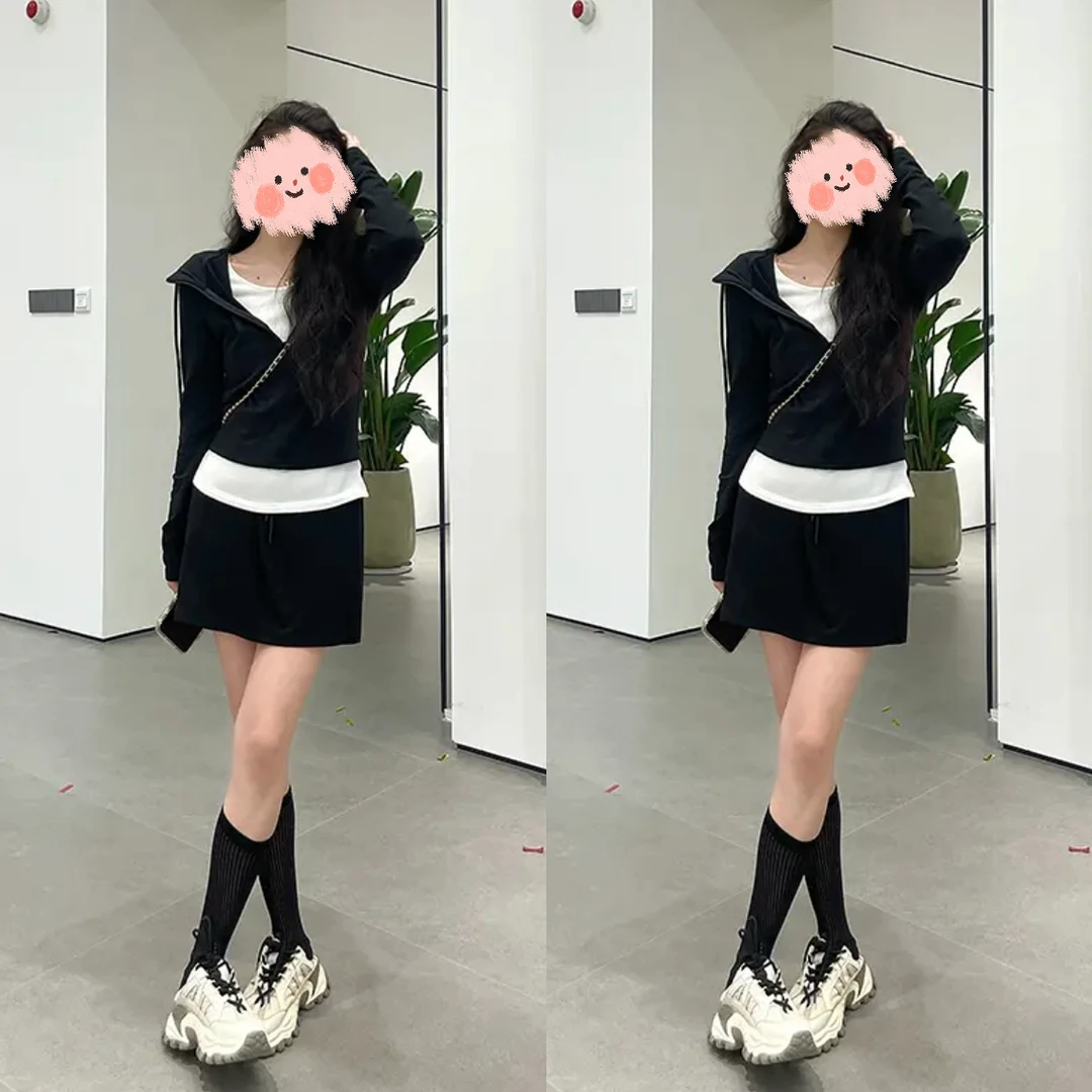 小个子假两件休闲套装女2025年春季新款拼色连帽上衣半身裙两件套