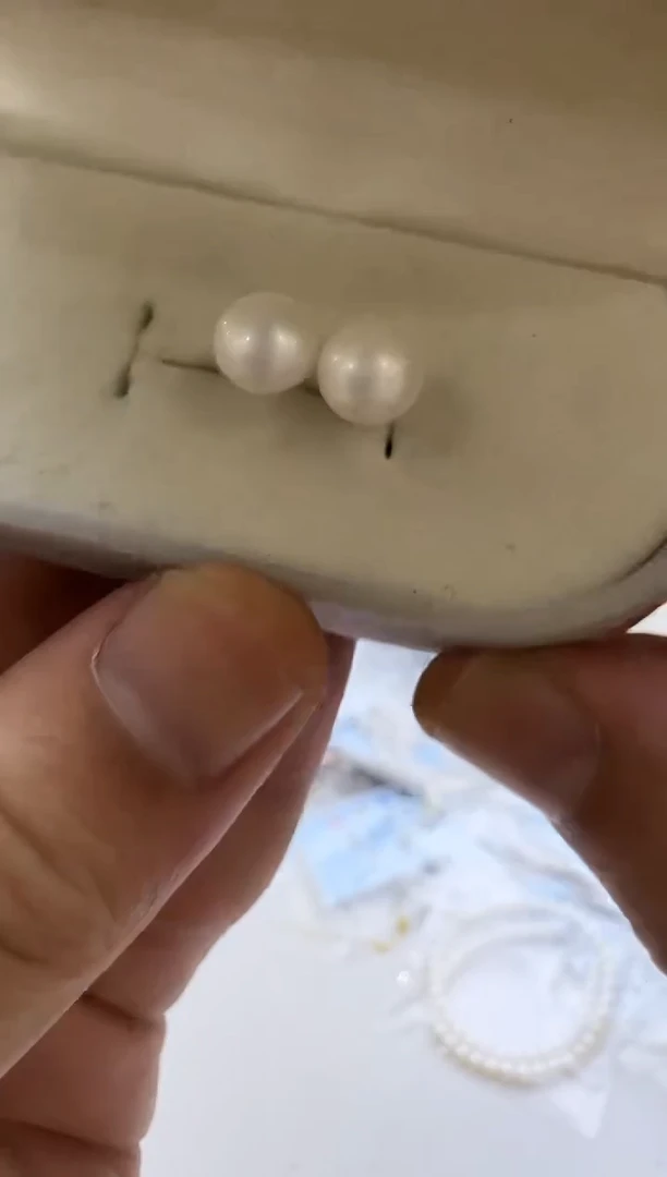 银S925镶嵌淡水珍珠耳钉7mm 白珠