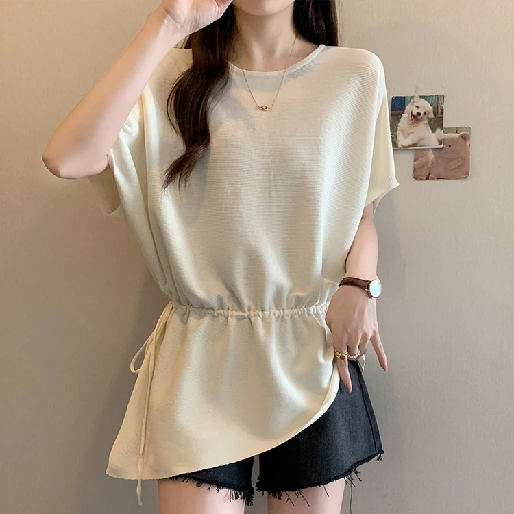 大码时髦遮肚子冰丝针织t恤女夏季胖mm藏肉显瘦不规则蝙蝠袖上衣