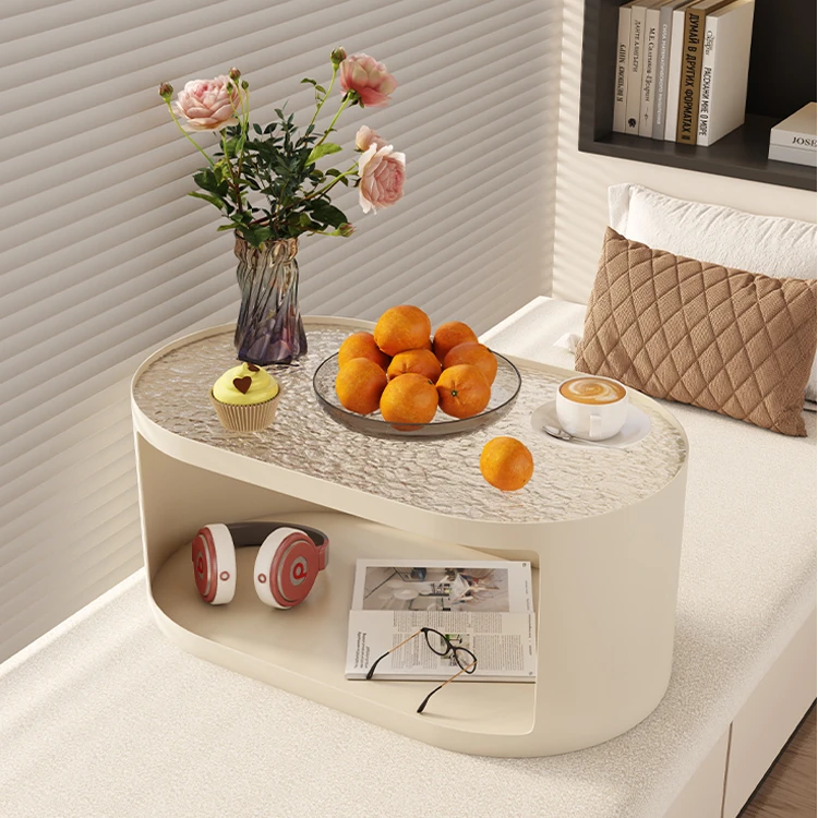 北欧榻榻米飘窗茶几奶油风卧室窗台椭圆小桌子简约玻璃收纳小圆几