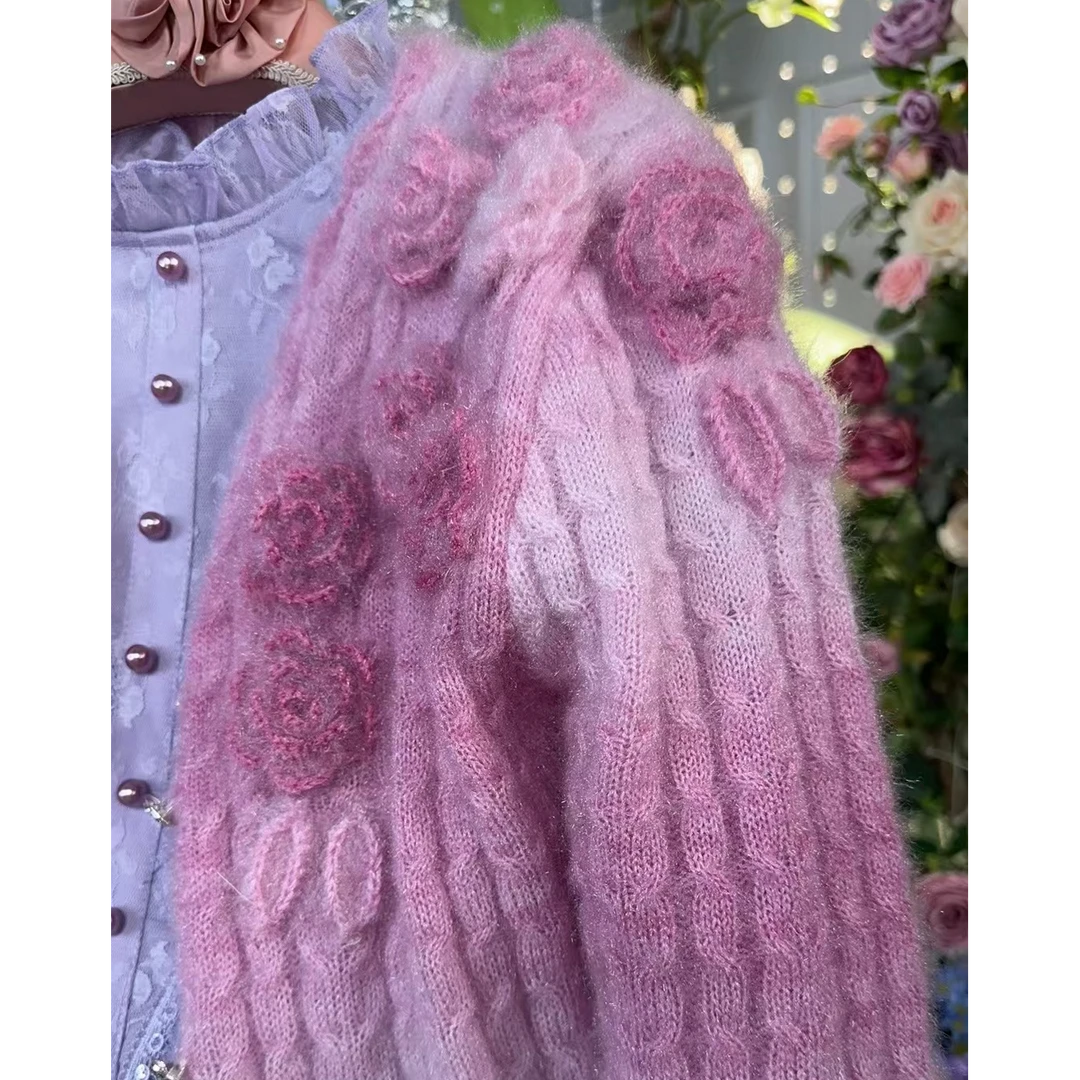 【花仙子】艾丽丝烟花粉气质甜美花朵毛衣开衫外套HM0001QH