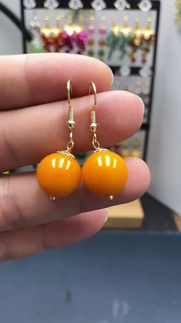 银S925镀金镶嵌蜜蜡耳饰尺寸14mmC3