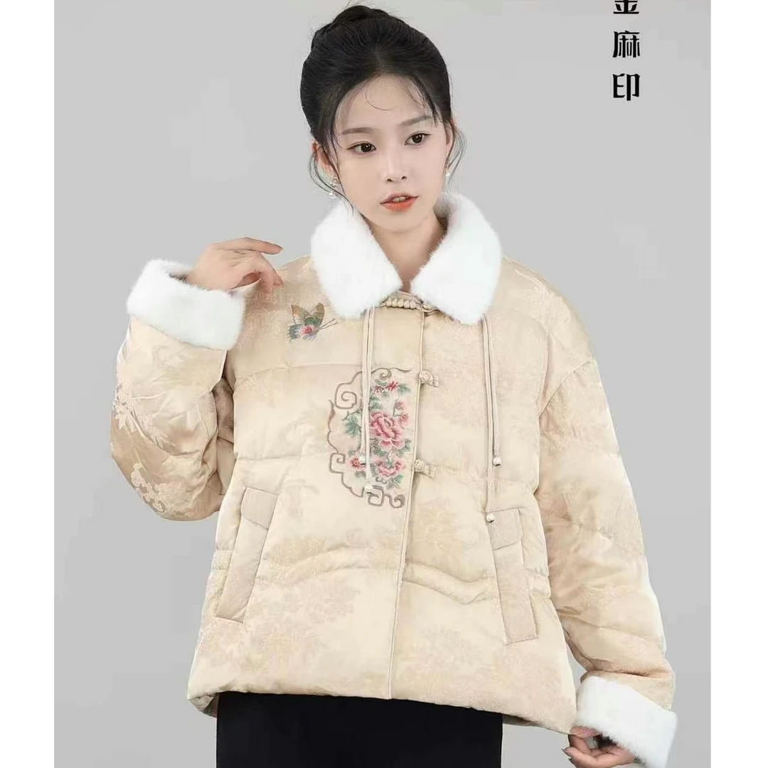 2024新冬款中式国风盘扣翻领刺绣羽绒服