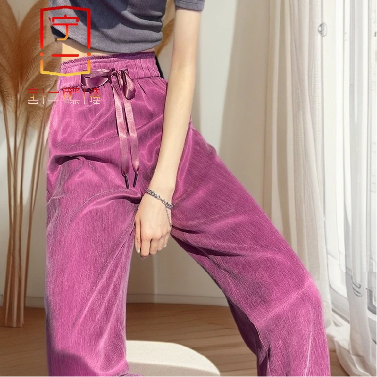 【 宁一女装】 时尚洋气显瘦缎面窄版紫色阔腿裤女夏季薄款高腰垂感