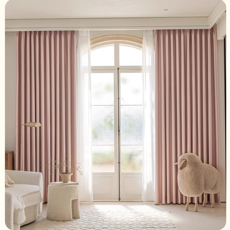 F09少女粉加厚雪尼尔丝线窗帘客厅卧室阳台全遮光黑金窗帘成品