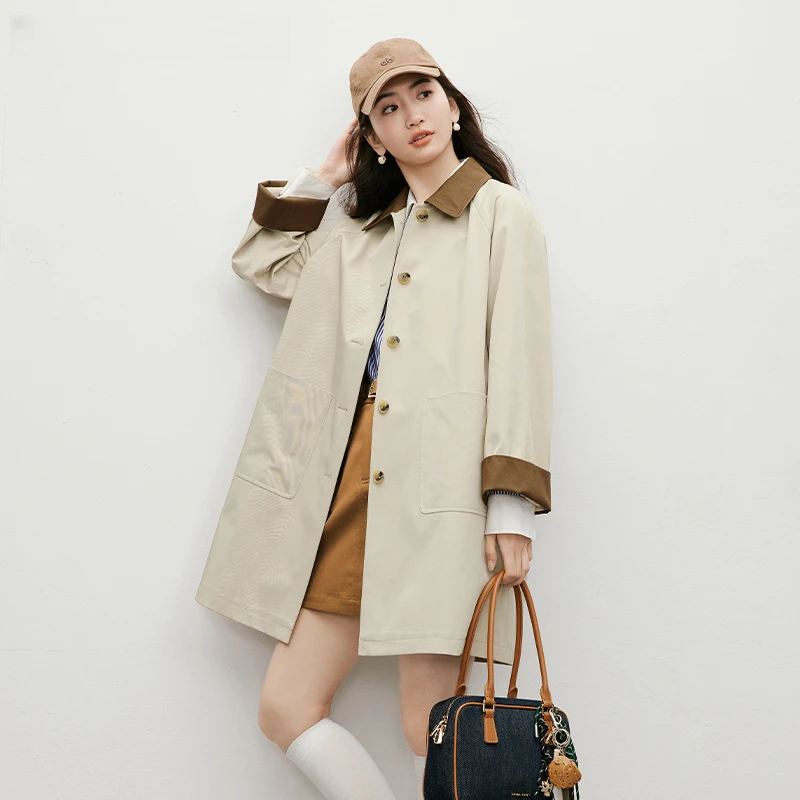 日系卡其色风衣女中长款2025春秋新款宽松显瘦撞色翻领小个子外套