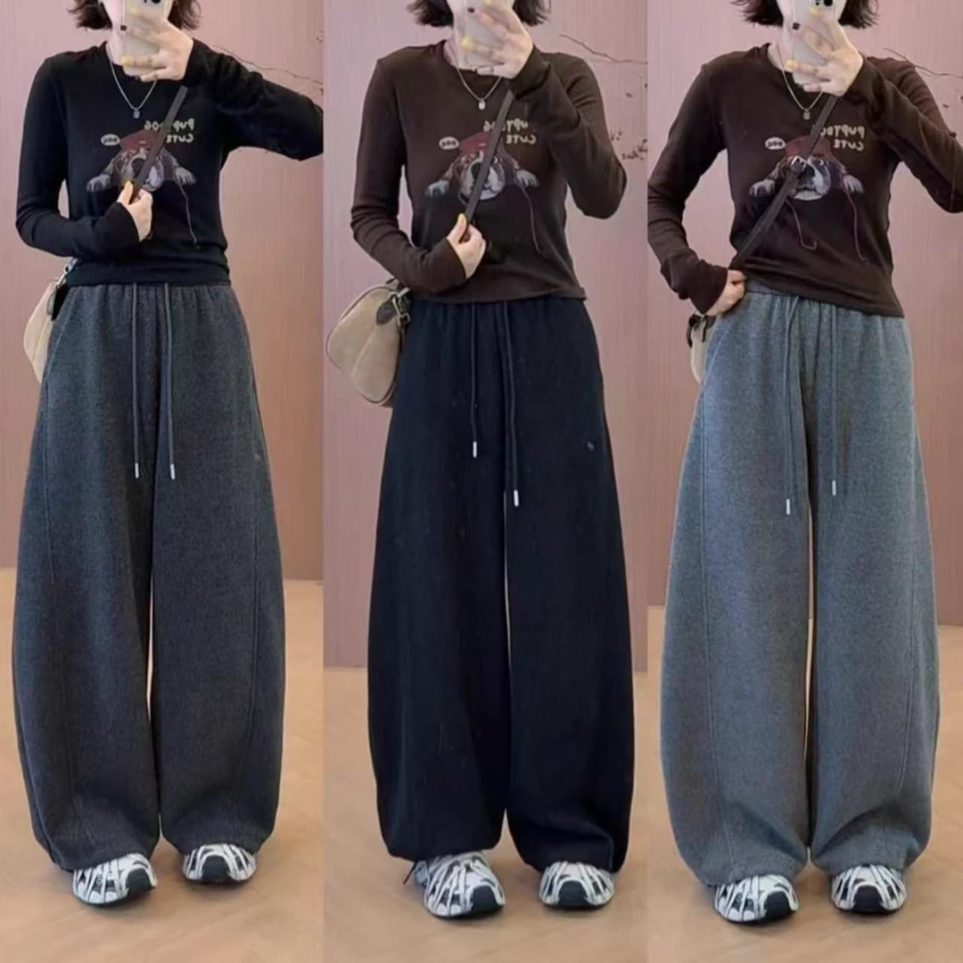 2025新款毛呢冬加绒加厚阔腿裤女高腰垂感弯刀裤白搭时候休闲裤