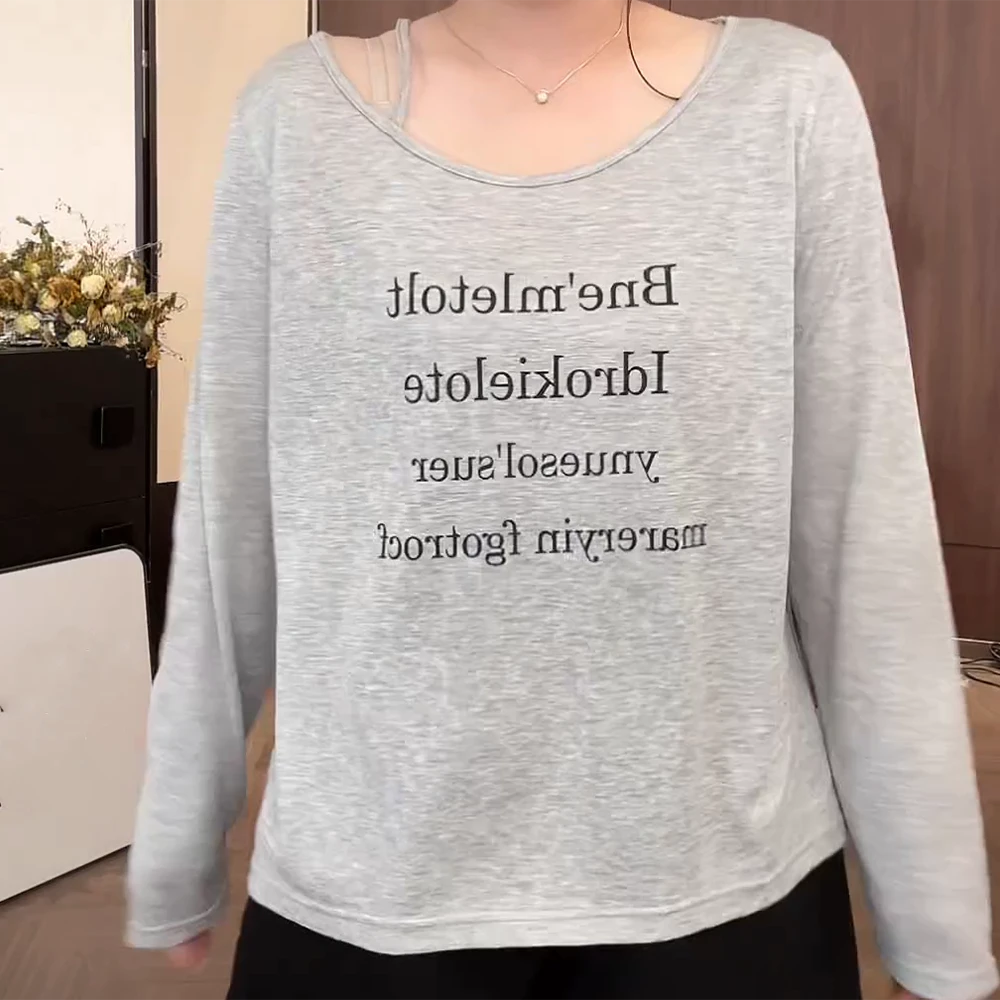 单肩带长袖防晒字母套头衫时尚休闲C5527