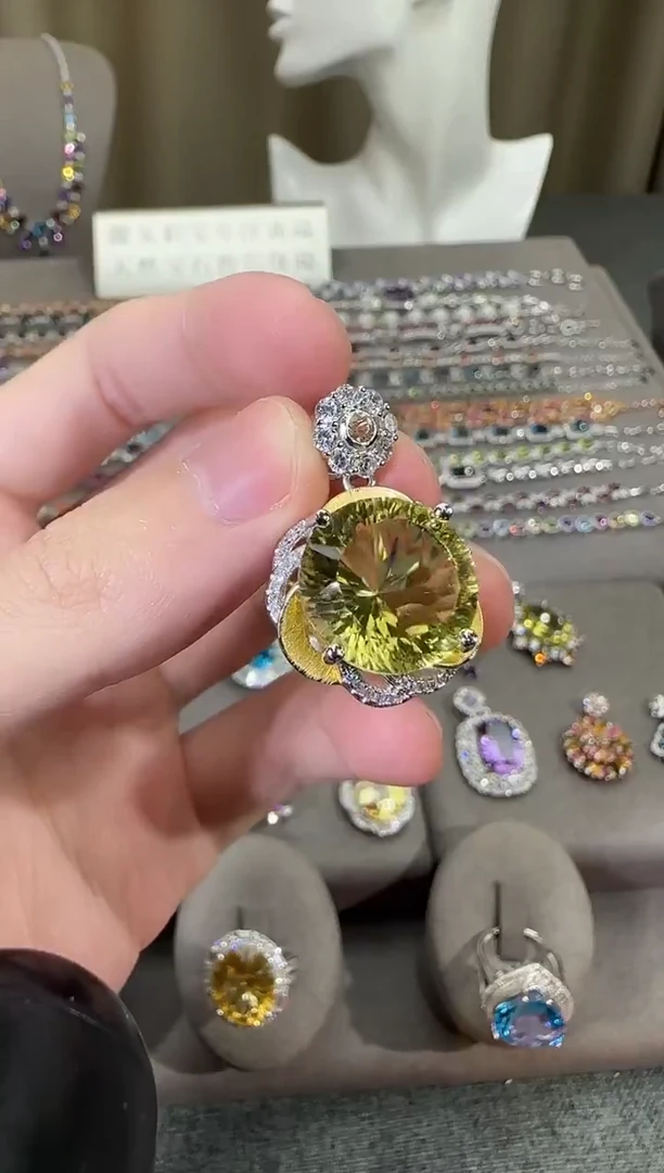 颈饰银S925镶嵌水晶16mm吊坠柠檬晶吊坠