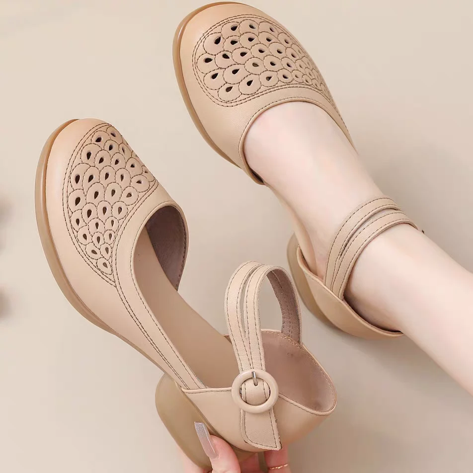 1132编号时尚魔术贴方跟圆头粘胶鞋厚底舒适镂空头层牛皮百搭女鞋