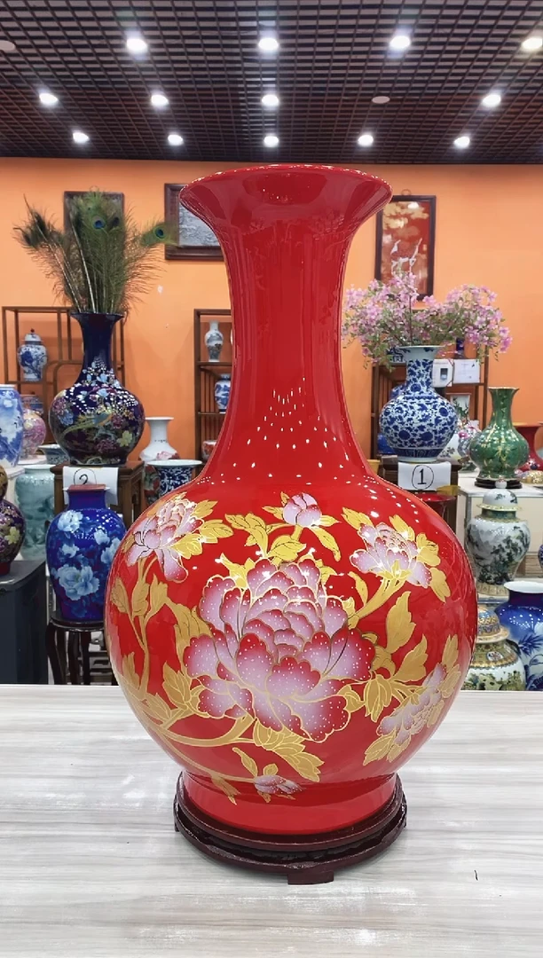 摆件红色花开富贵赏瓶60*36+旋转底座