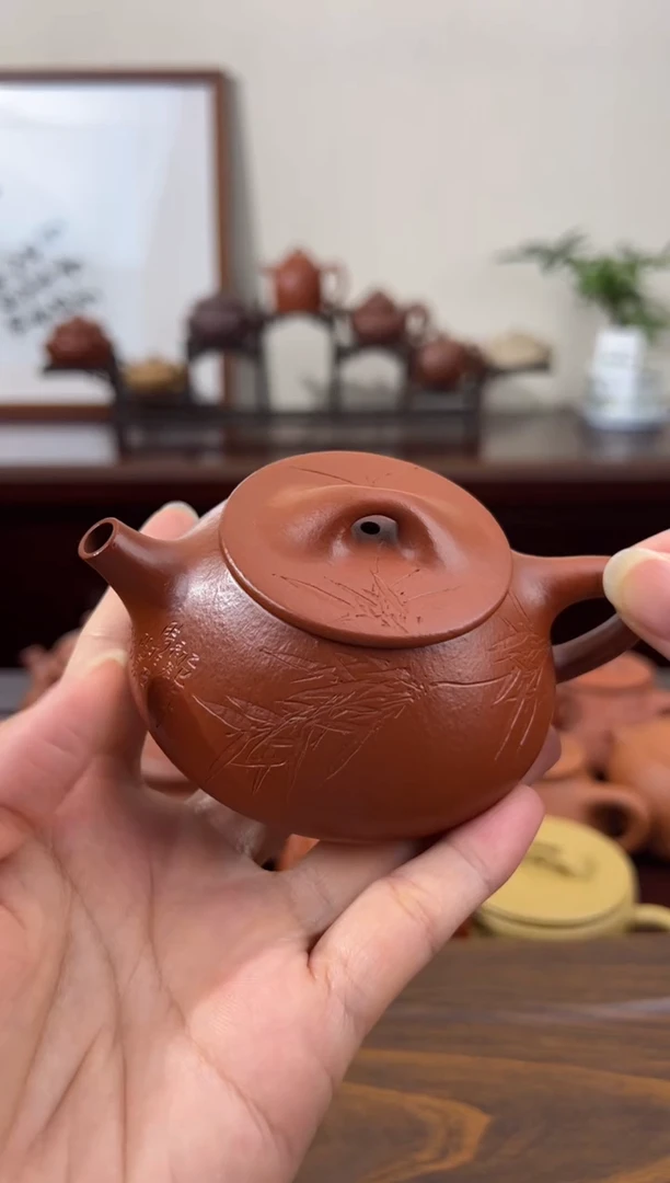 茶杯紫砂朱泥刻绘景舟石瓢壶