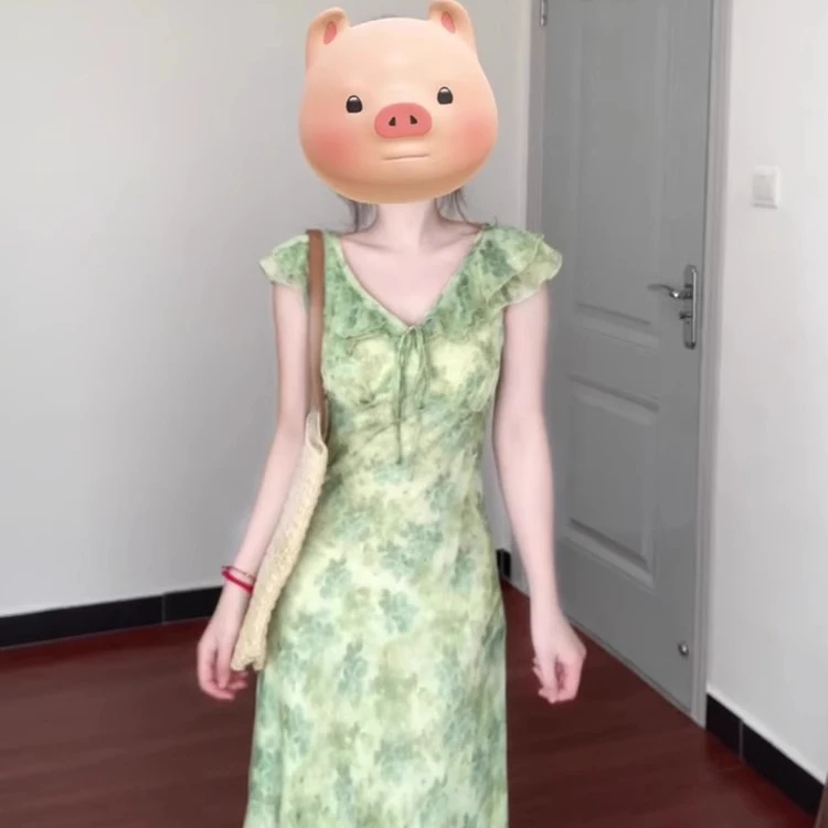法式复古绿色碎花连衣裙女夏高级感荷叶边收腰显瘦温柔风初恋长裙