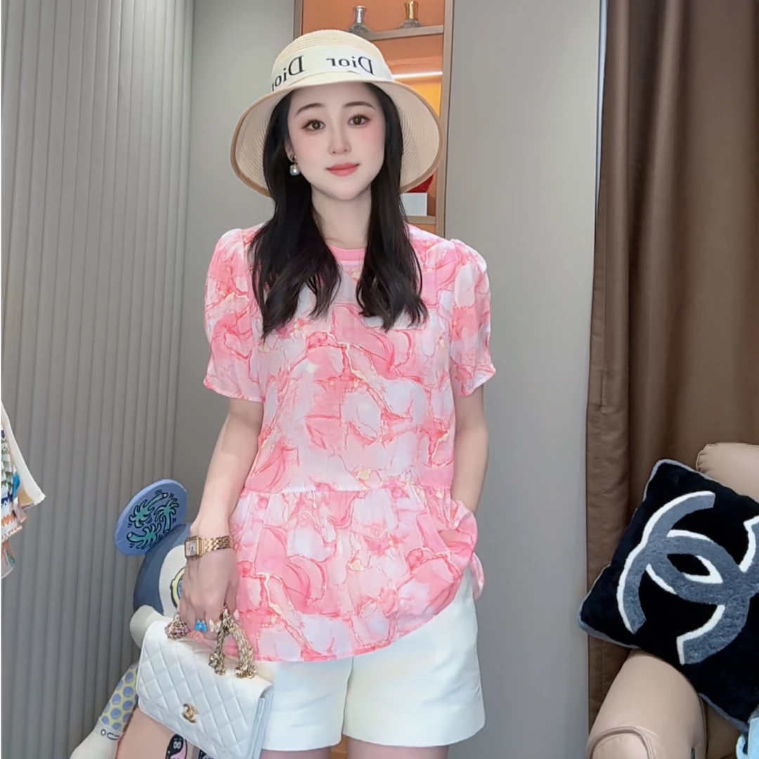 【丝芙玉禄】（F882）100真丝双绉印花粉色时尚显瘦桑蚕丝t恤上衣