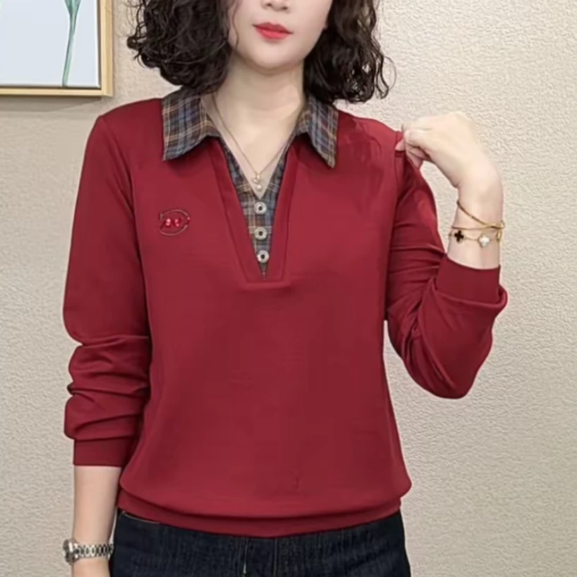 秋季新款时尚洋气长袖T恤显瘦减龄假两件翻领格子休闲气质上衣女