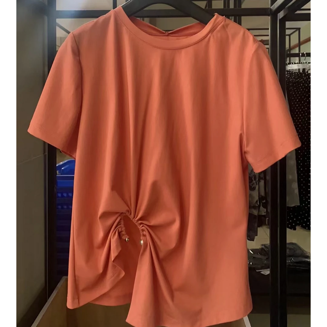 T恤女梦里人夏季新款时尚设计感纯色百搭圆领上衣2387