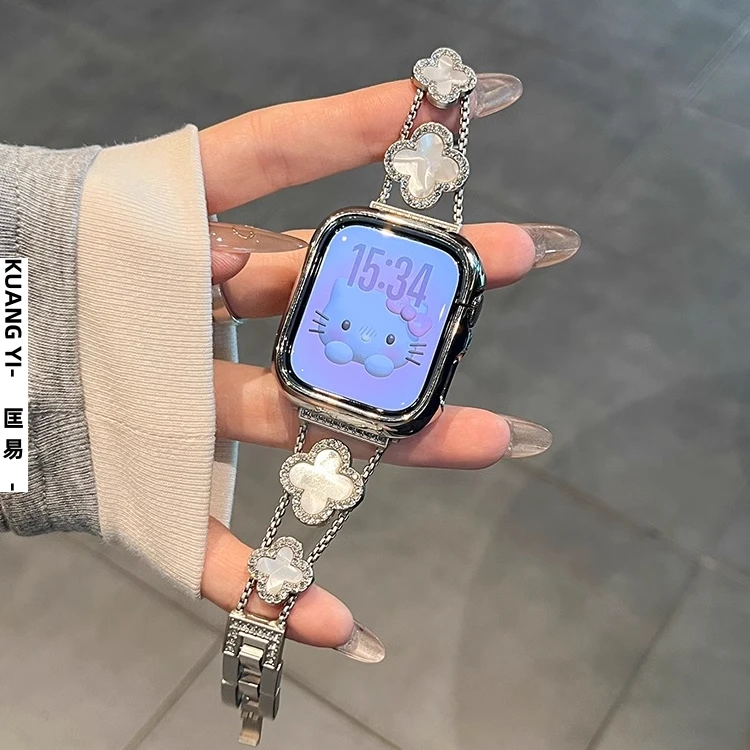 适用小米手环9pro表带8pro四叶草镶钻红米watch6/5女款金属手表链