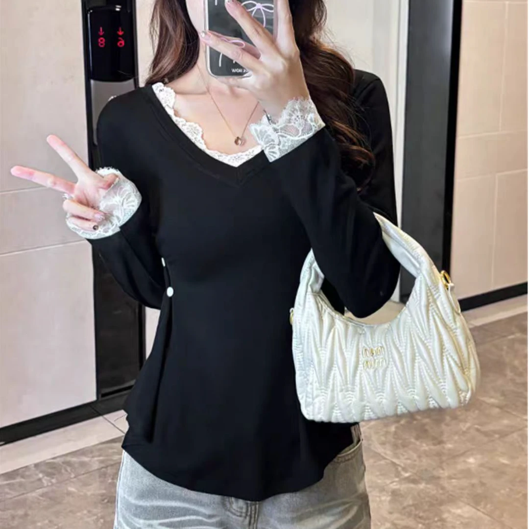 德绒款+加厚绒款 秋冬高级感蕾丝拼接显瘦纽扣收腰韩系百搭打底衫