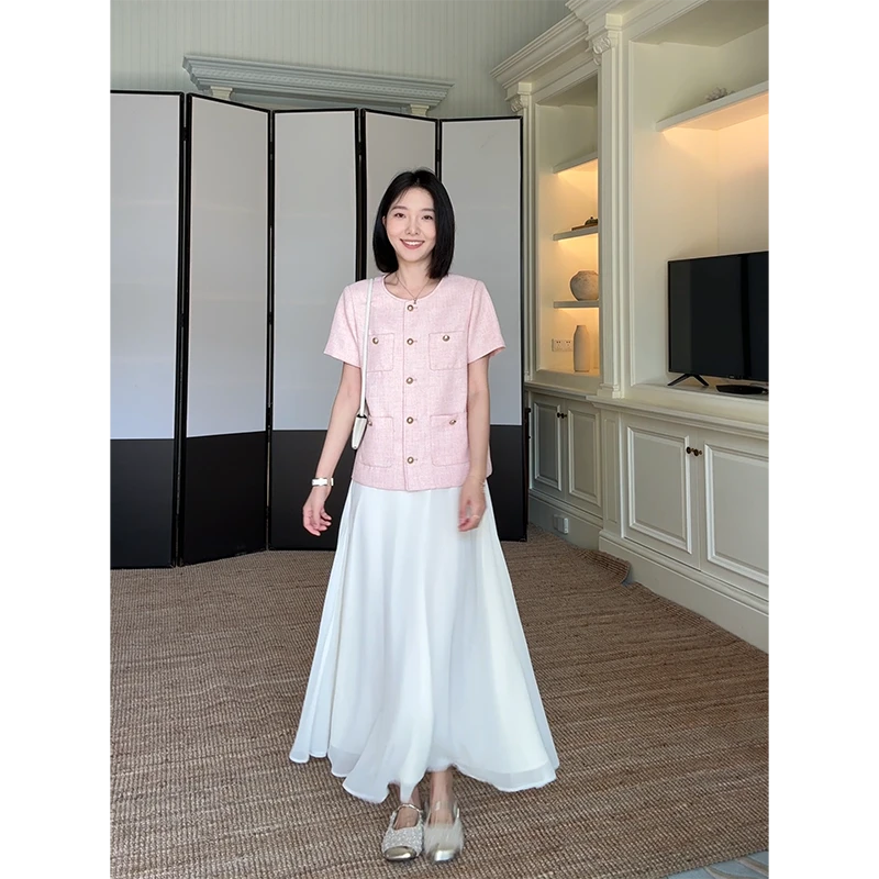 郭九九呢 小香风气质显瘦短袖上衣飘逸仙气半身裙 G925A05451-1