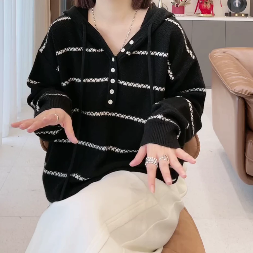 2025年秋季新款条纹连帽长袖百搭毛衣外套女C5846
