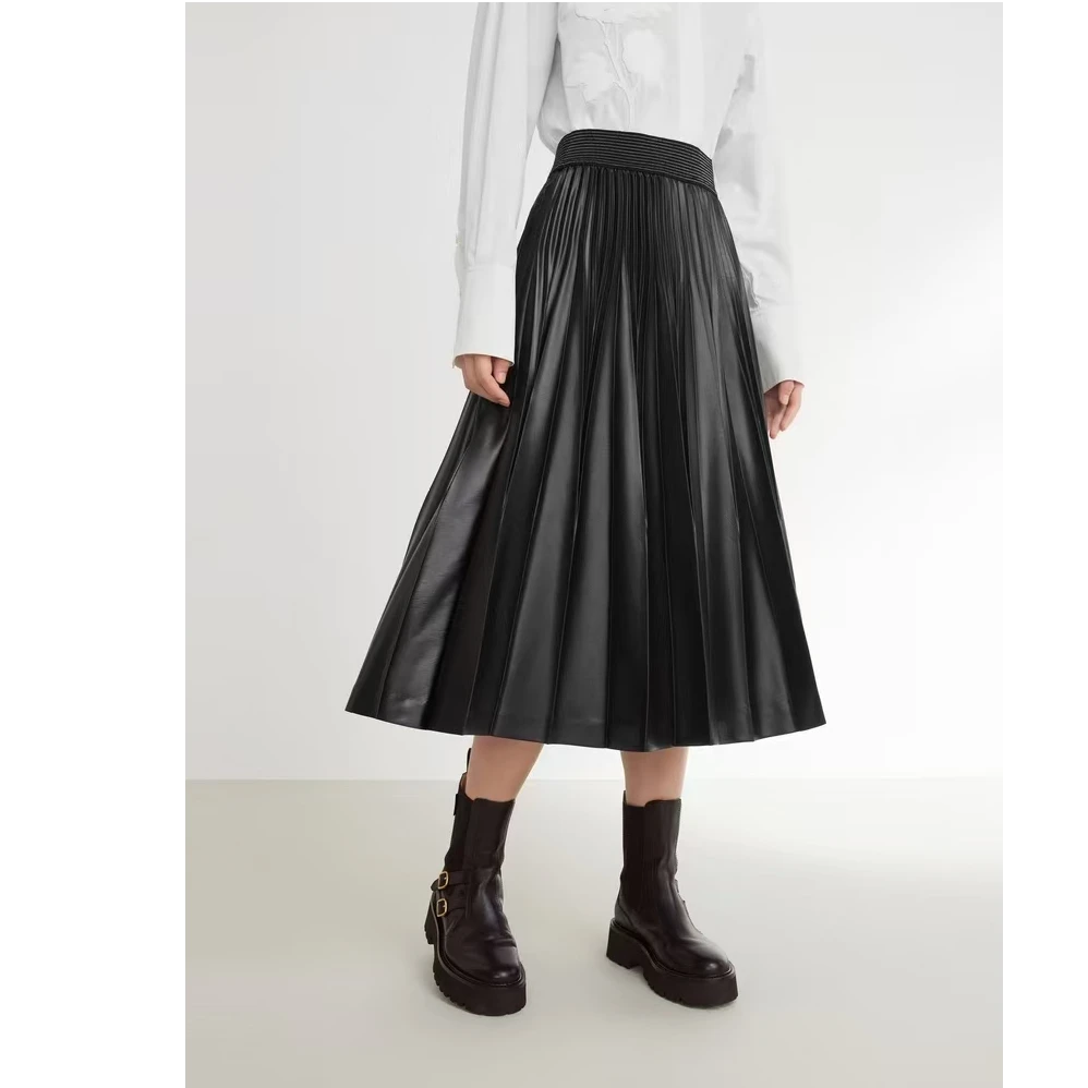 不规则pu百褶皮裙黑色半身裙子秋冬中长款高腰伞裙复古a字长裙女