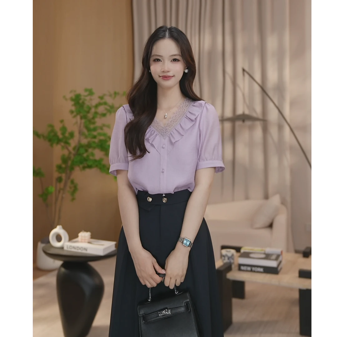 【曼贝】夏季新款蜜桃粉短袖气质通勤显瘦衬衫女8592316【妮妮】