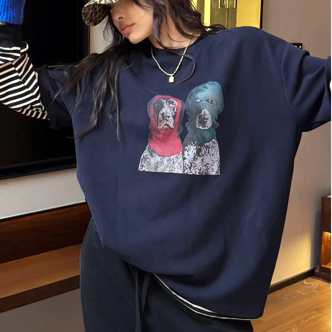 欧美风秋冬加厚打底搞怪劫匪狗印花圆领极简风常规女短袖T恤